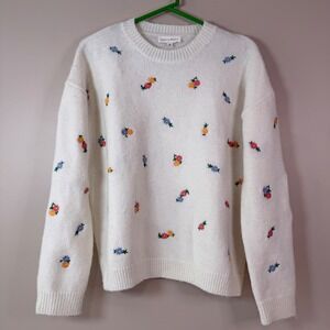 Floral Embroidered Wool Blend Relaxed Fit Crewneck Feminine Cottage Cozy